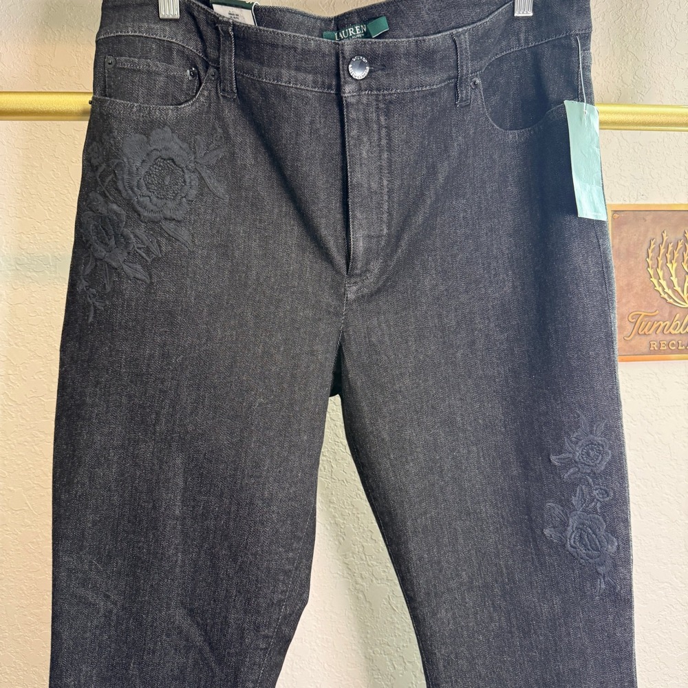 Lauren Ralph Lauren Premier Skinny Slimming Black Floral Embroidered Jeans 16 - Picture 3 of 12